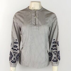 J Crew Sz XXS Striped Embroidered Tie Waist Tunic Top Blue Red 100% Cotton